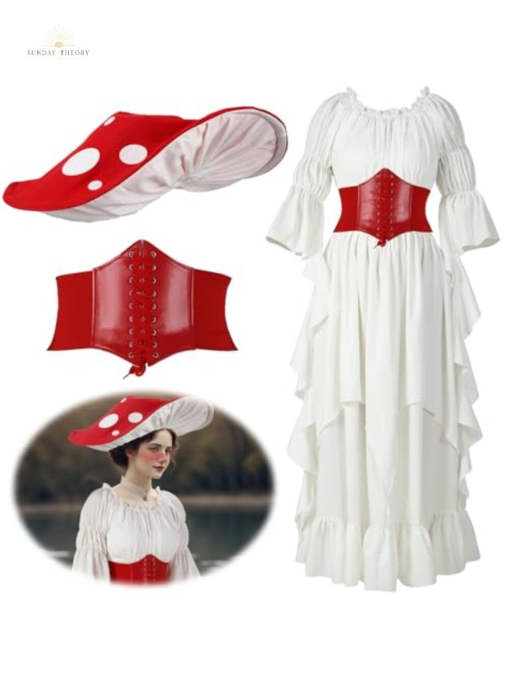 Renaissance Mushroom Costume Set Dress Hat Belt Victorian Medieval